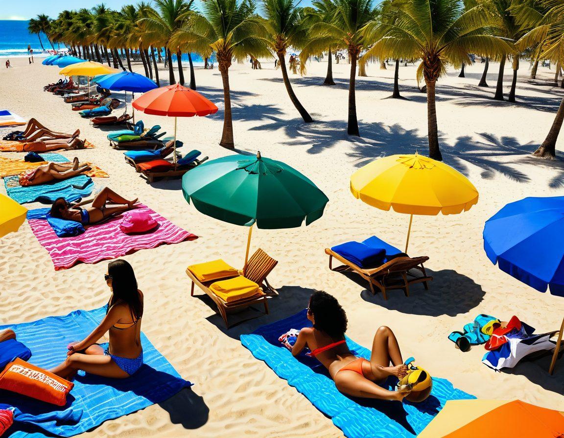 A vibrant beach scene filled with women wearing various trendy bikinis, showcasing diverse styles and colors. Include sunny skies, bright umbrellas, and palm trees swaying in the breeze. Add beach accessories like sunglasses and beach balls scattered around to enhance the atmosphere. Make it lively and inviting, capturing the essence of summer fun and fashion. super-realistic. vibrant colors. 3D.