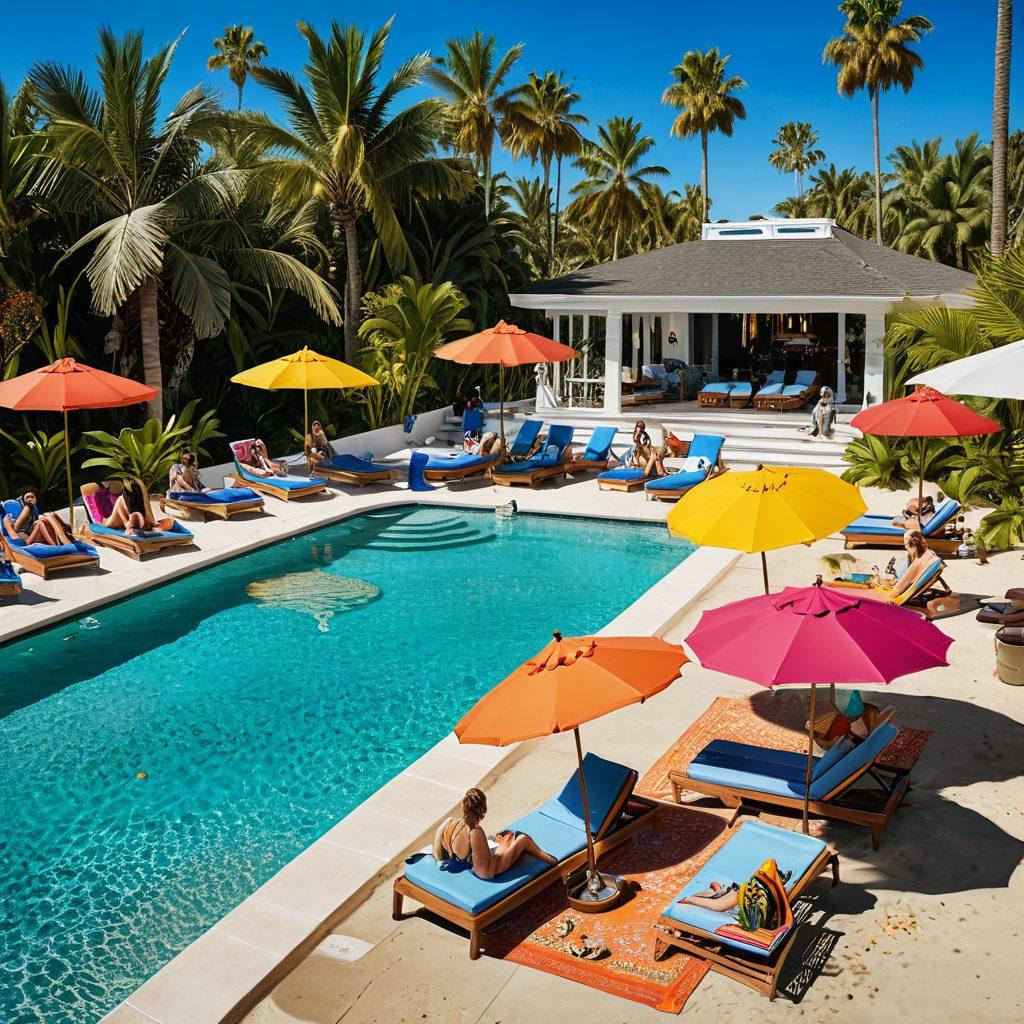 A stylish poolside scene transitioning into a vibrant beach party atmosphere, showcasing diverse swim fashion from luxury swimsuits to fun accessories. Include elements like palm trees, colorful beach umbrellas, and energetic people enjoying sunbathing and beach games. Graphics should embody a warm, sunny day with splashes of bright colors and dynamic movement. super-realistic. vibrant colors. tropical theme.
