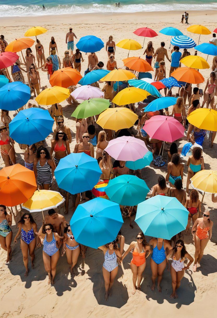 A vibrant beach scene featuring a diverse group of people showcasing the latest swimwear trends, with colorful swimsuits, sunglasses, and beach accessories. The backdrop reveals clear blue waves and golden sand, evoking a fun summer vibe. Include elements like beach umbrellas and tropical plants to enhance the atmosphere. Bright and cheerful colors dominate the scene, giving it an inviting feel. 3D. vibrant colors. summer theme.